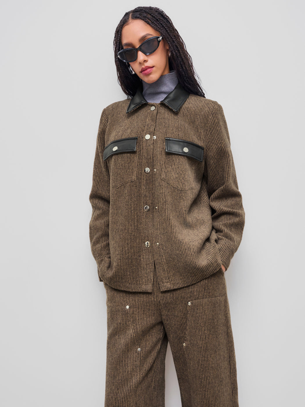 Oversized Jacket With Faux Leather Collar