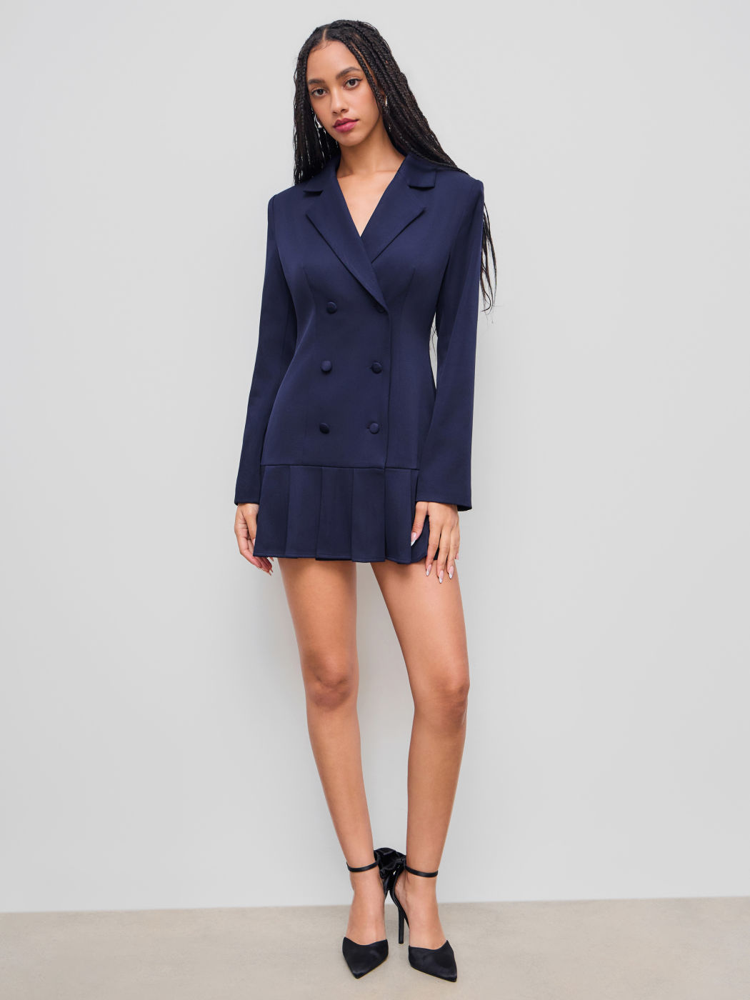 Notched Collar Double Breasted Pleated Mini Blazer Dress