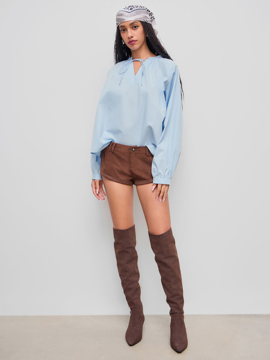 100% Cotton V-neck Knotted Oversized Long Sleeve Blouse