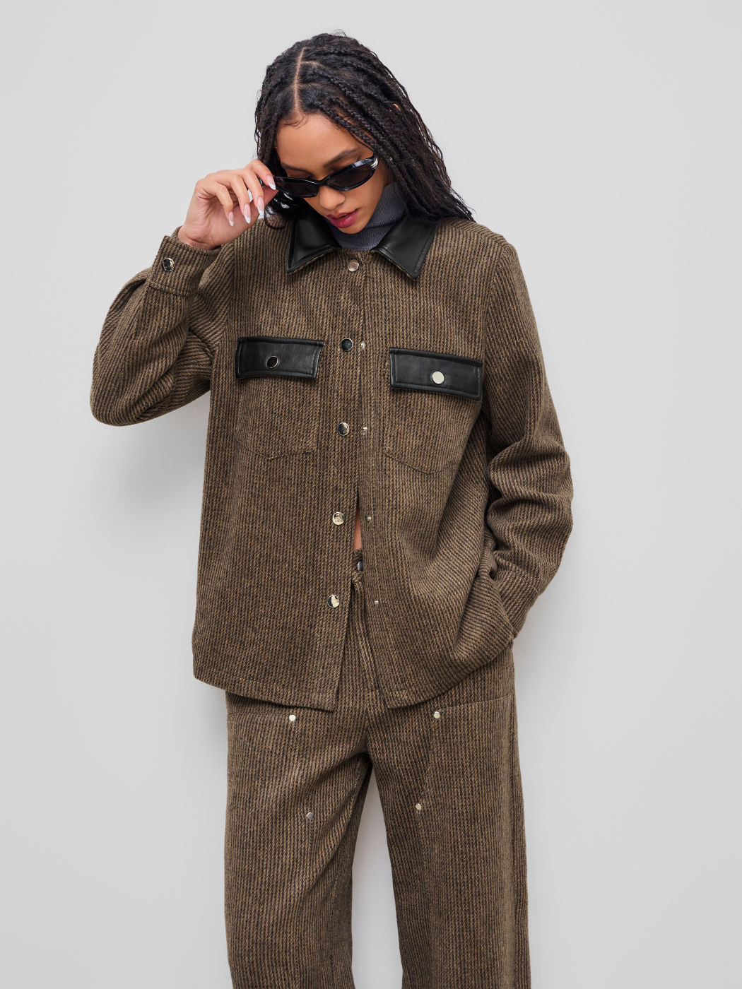 Oversized Jacket With Faux Leather Collar