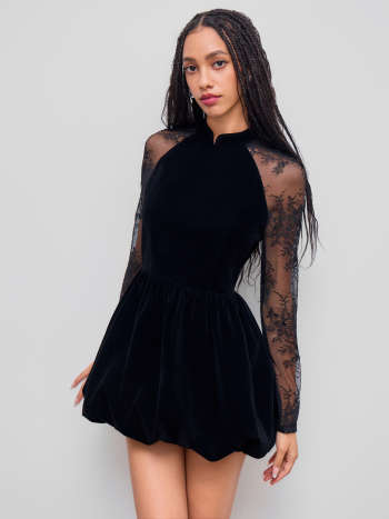 Velvet Mandarin Collar Bubble Hem Lace Mini Dress