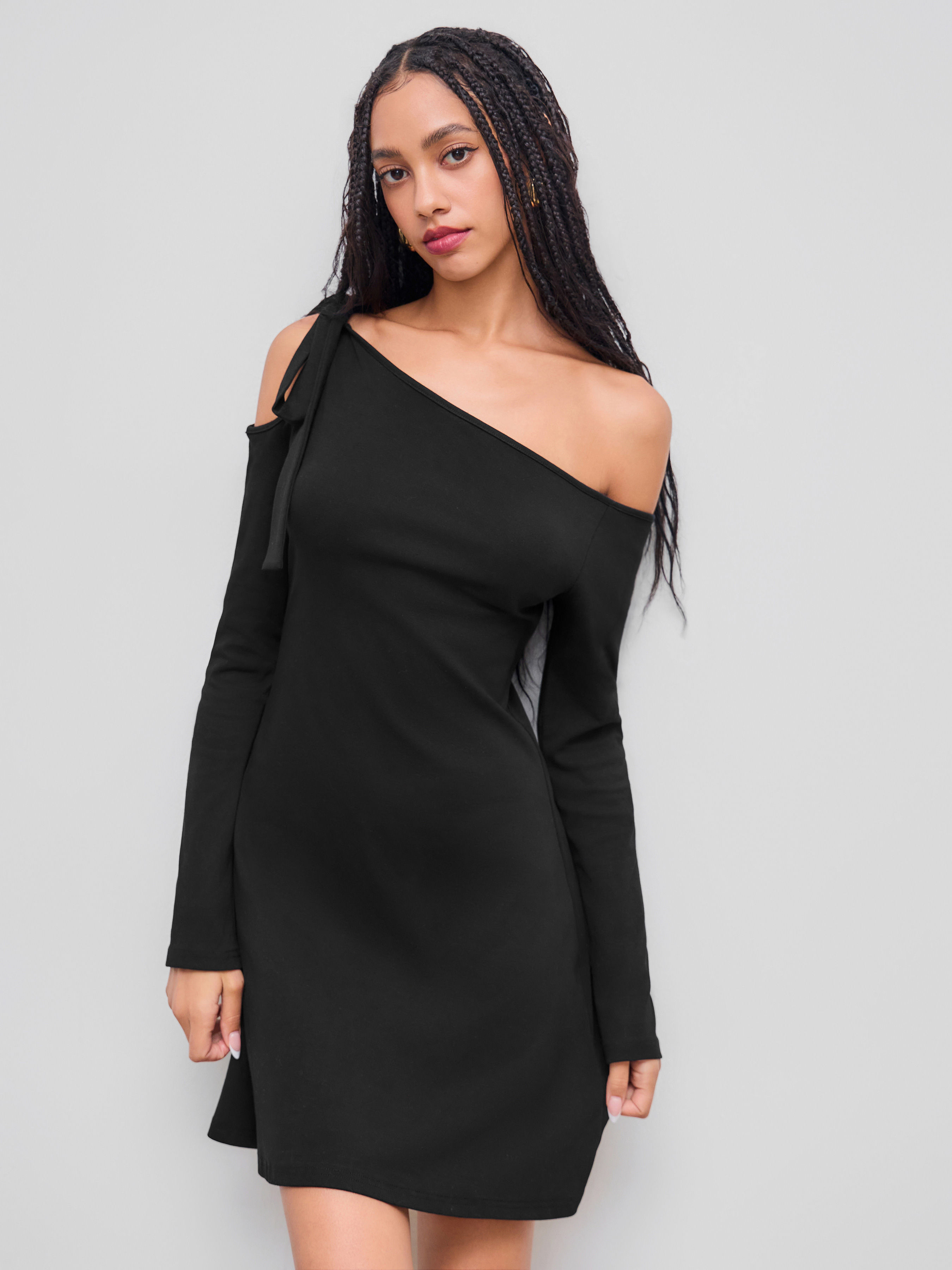 asymmetrical neck knotted mini dress Party For Party New Years Holiday Dress Knit Fabric Dress For Date ASYMMETRIC DRAPED MIDI DRESS This charming mini dress Jersey Color:Dove