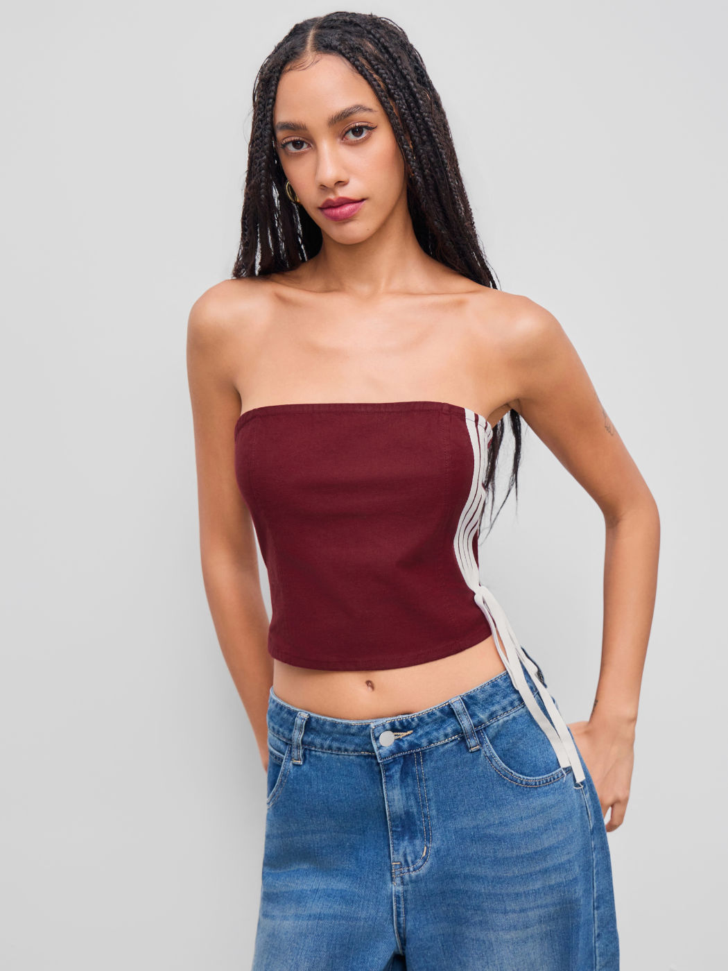 Cotton-blend Side Striped Cropped Tube Top