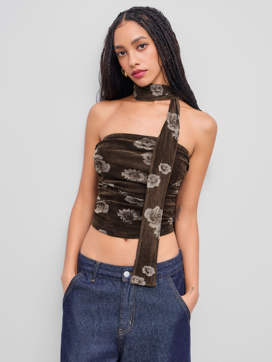 Samtblumen Rüschen Crop Tube Top mit Schal