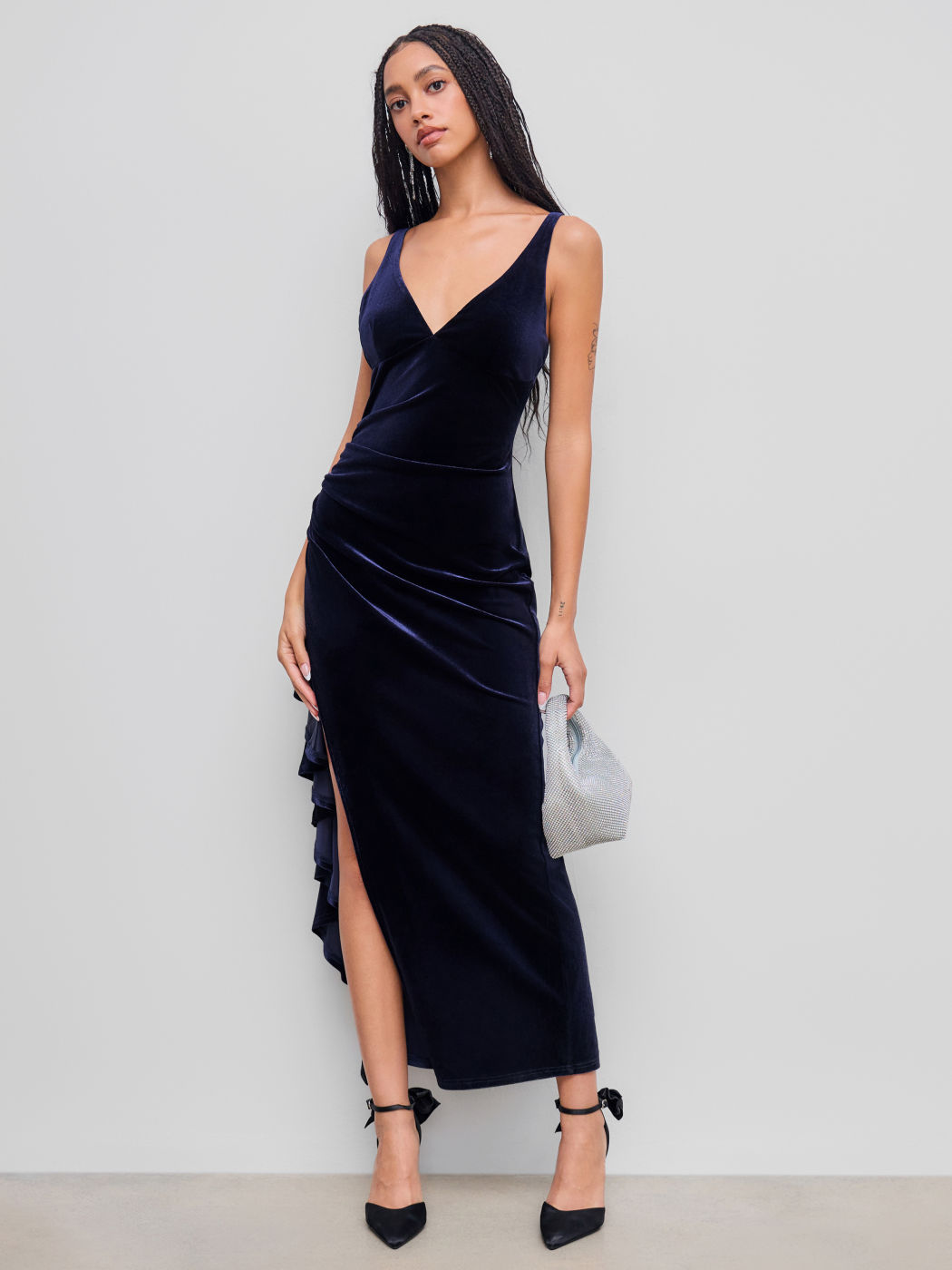 Velvet V-neck Split Ruffle Hem Maxi Dress