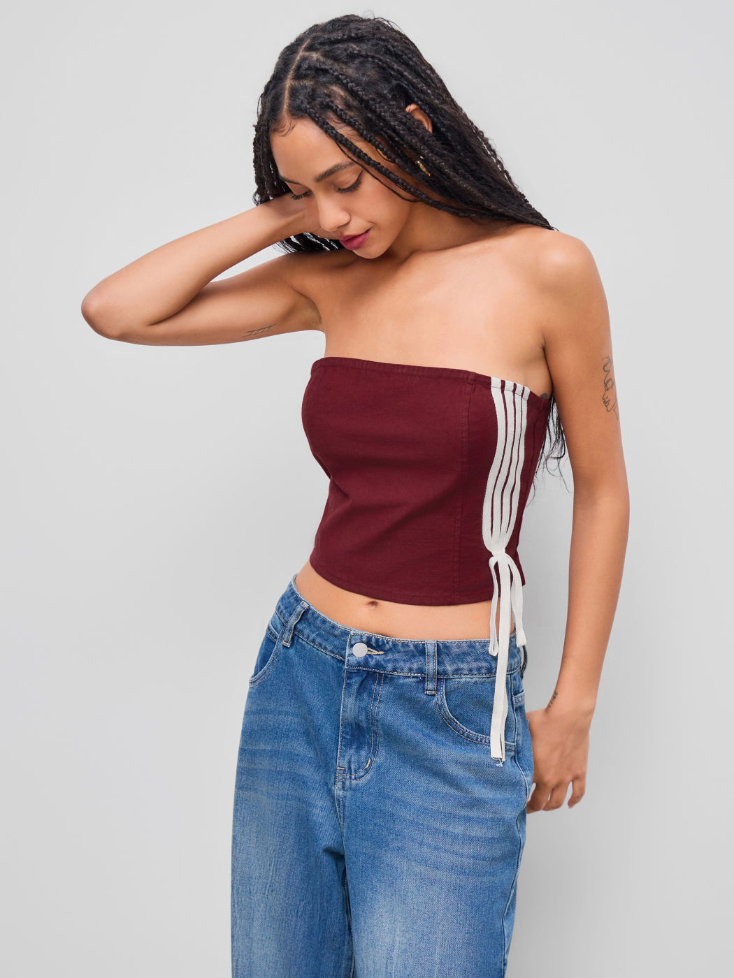 Cotton-blend Side Striped Cropped Tube Top