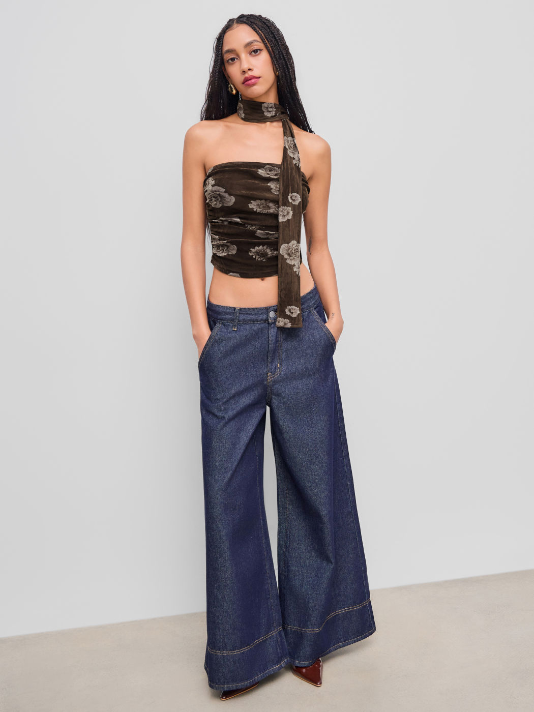 Samtblumen Rüschen Crop Tube Top mit Schal