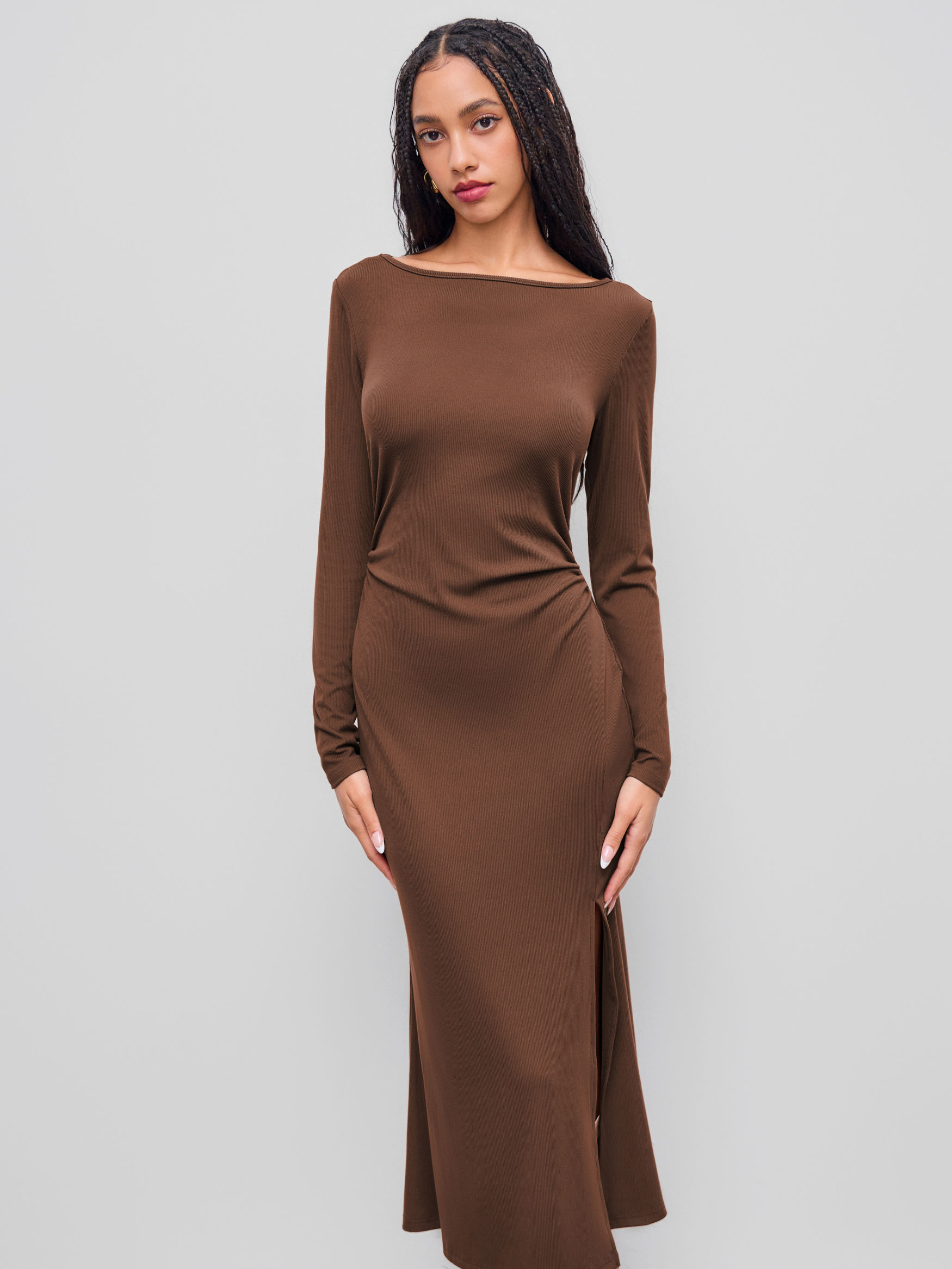 Boat Neck Lace Backless Ruched Split Maxi Dress
