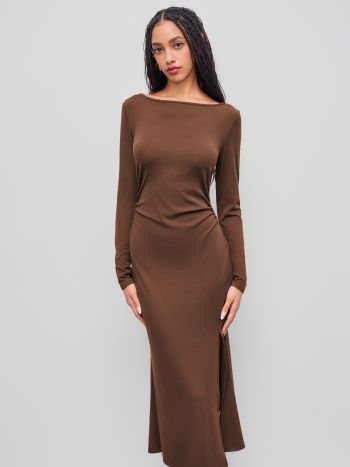 Boat Neck Lace Backless Ruched Split Maxi Dress