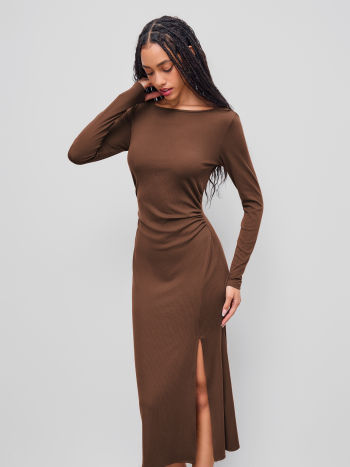 Boat Neck Lace Backless Ruched Split Maxi Dress