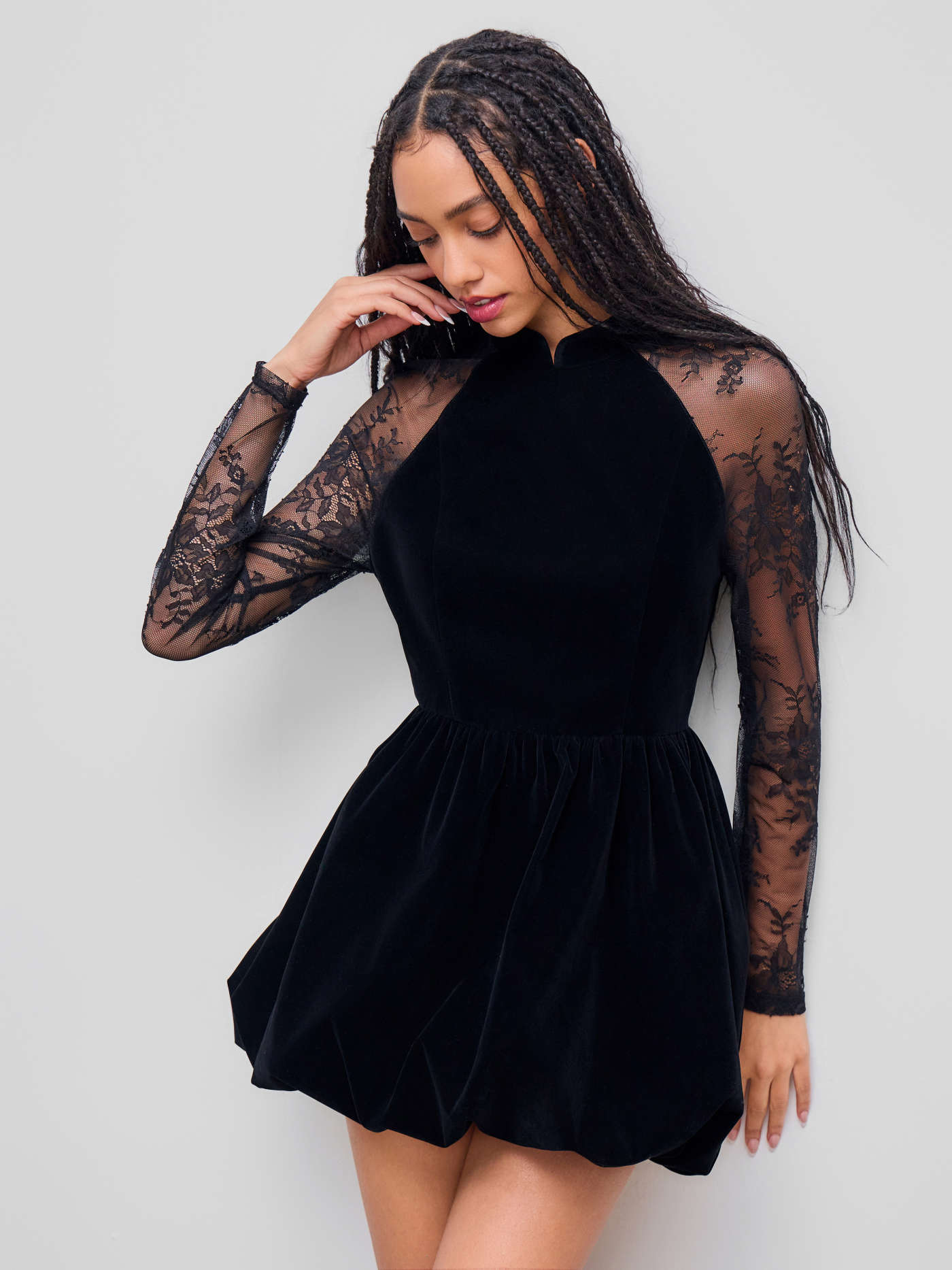 Velvet Velvet Mandarin Collar Bubble Hem Lace Mini Dress For Date