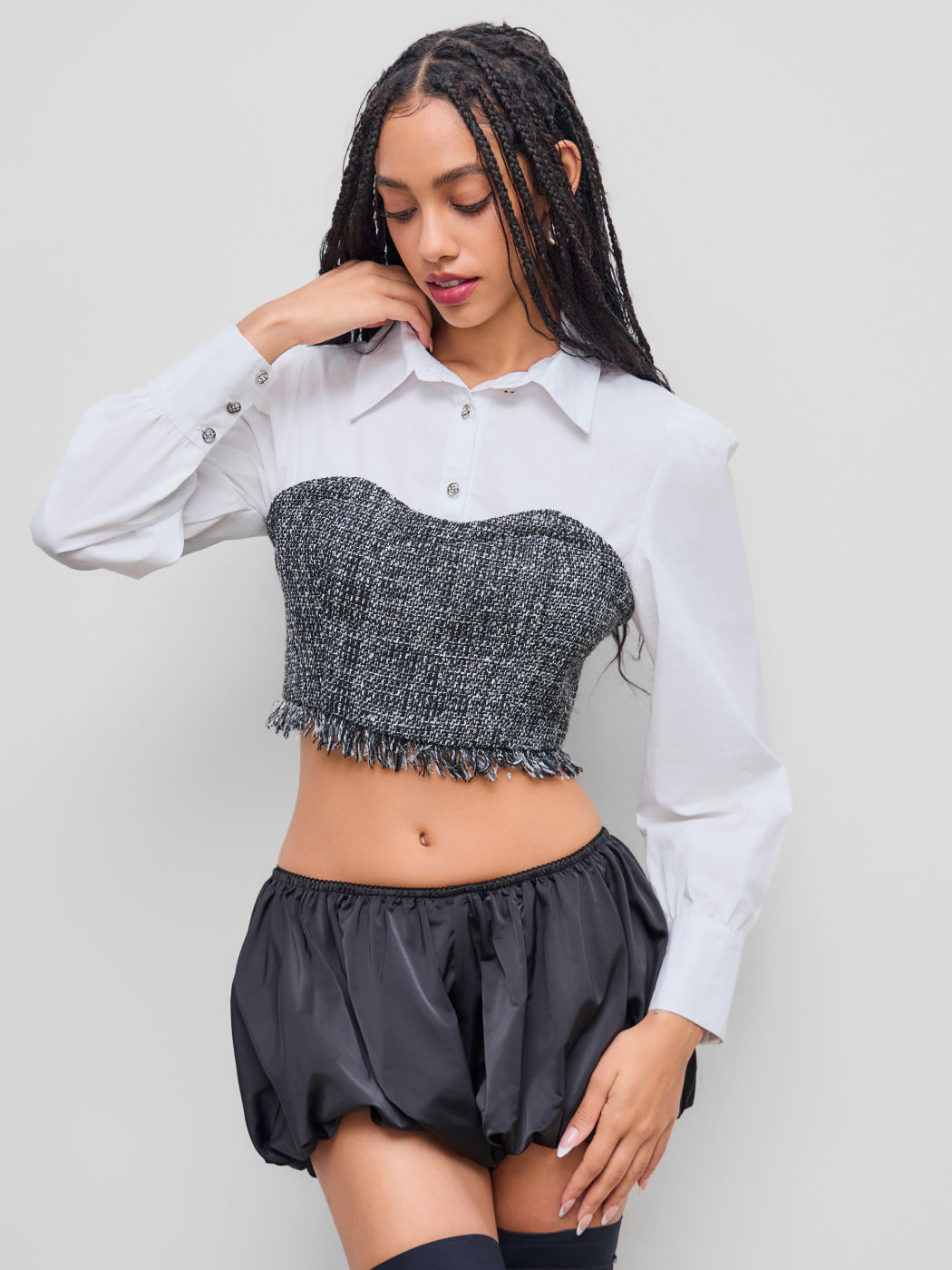 Tweed Collar Patchy Fringe Crop Blouse