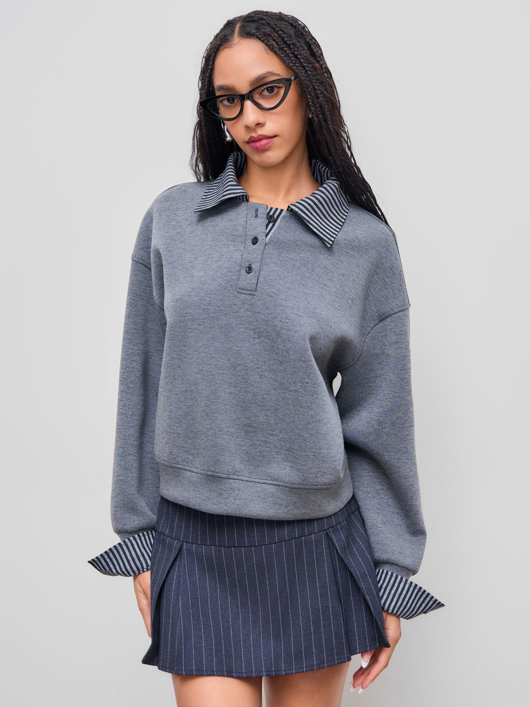 Cotton-blend Collar Stripe Two Tone Sweatshirt