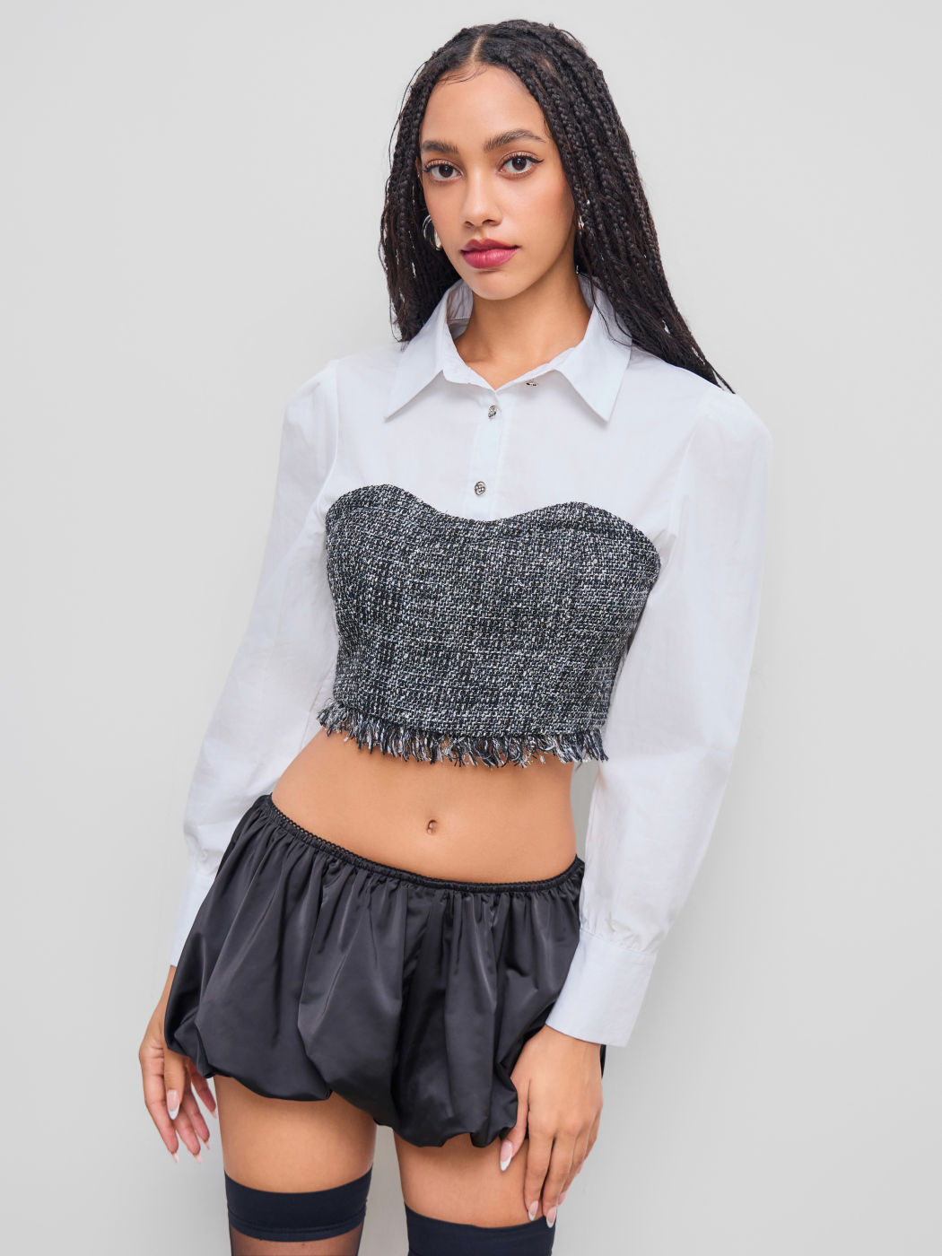 Tweed Collar Patchy Fringe Crop Blouse