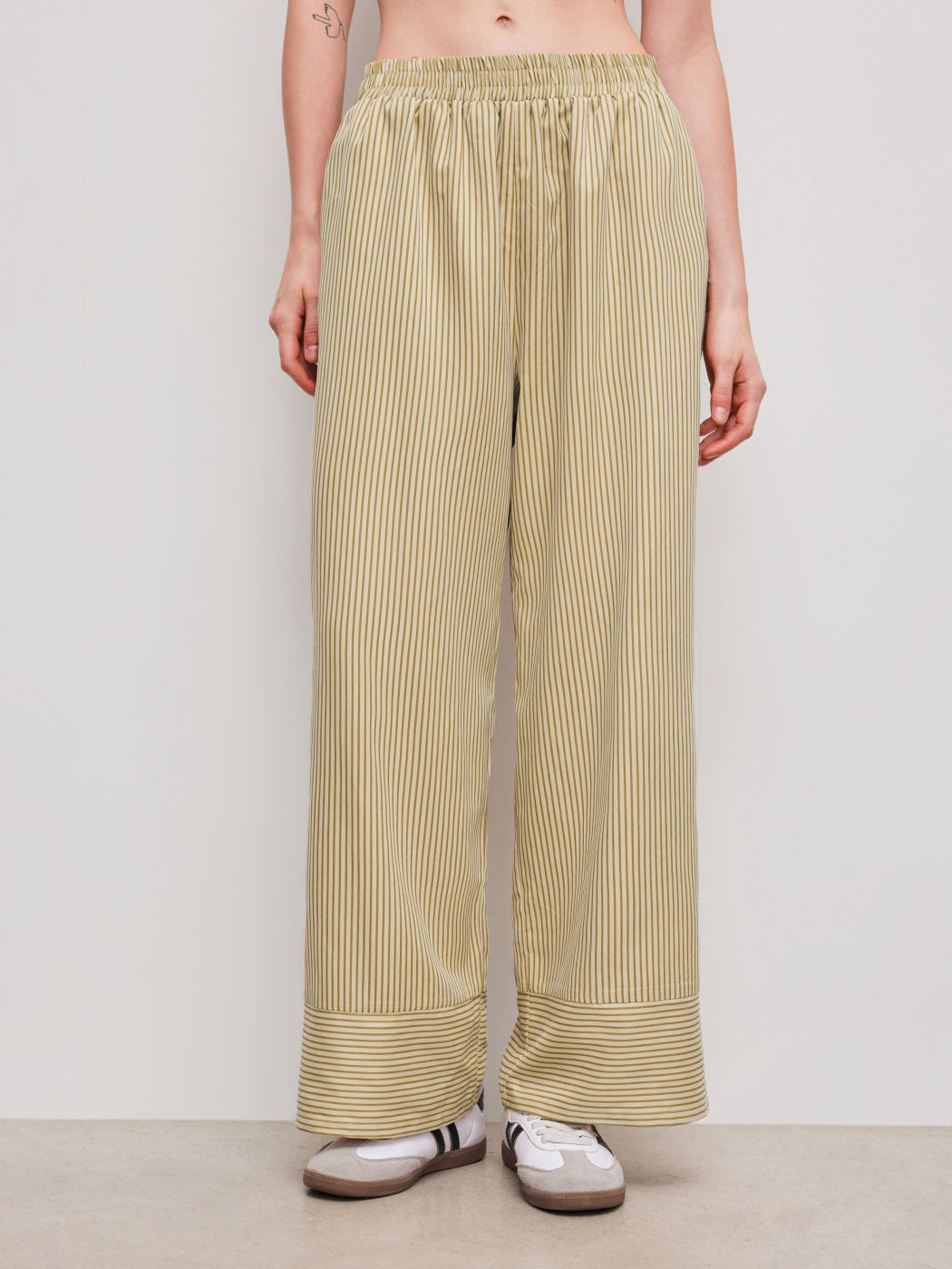 High Rise Striped Elastic Waist Wide Leg Trousers
