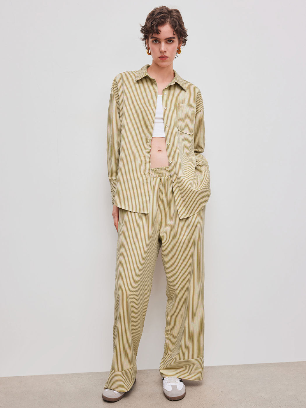High Rise Striped Elastic Waist Wide Leg Trousers