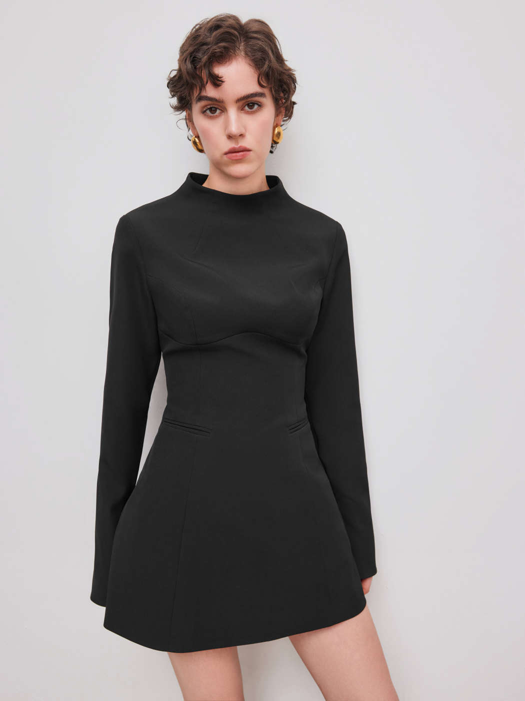 Collo Alto Tubino Nero In Maglia Tessuto In Maglia Mini Abito A