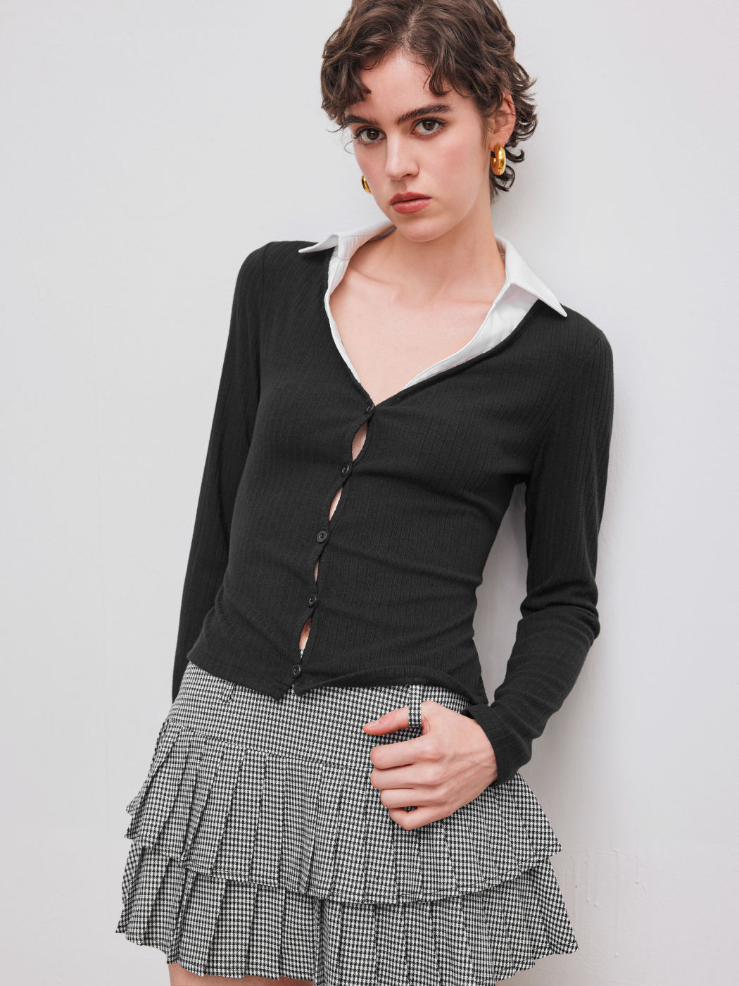 Collar Two Tone Long Sleeve Top