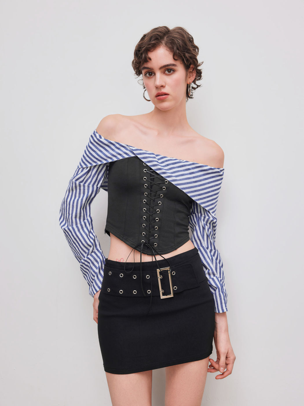 Off-shoulder Striped Patched Lace Up Blouse