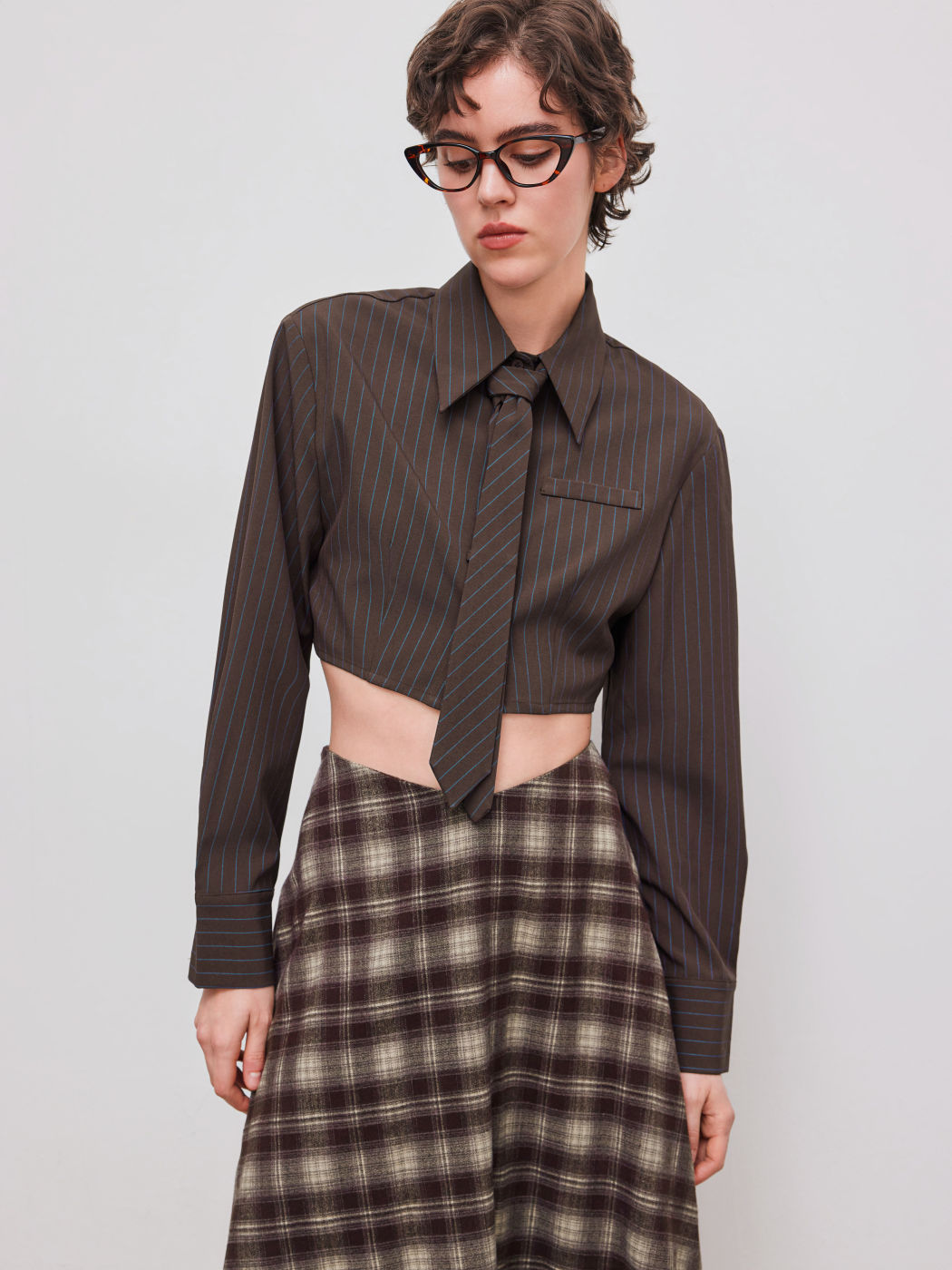 Collar Striped Cropped Long Sleeve Shirt With Tie