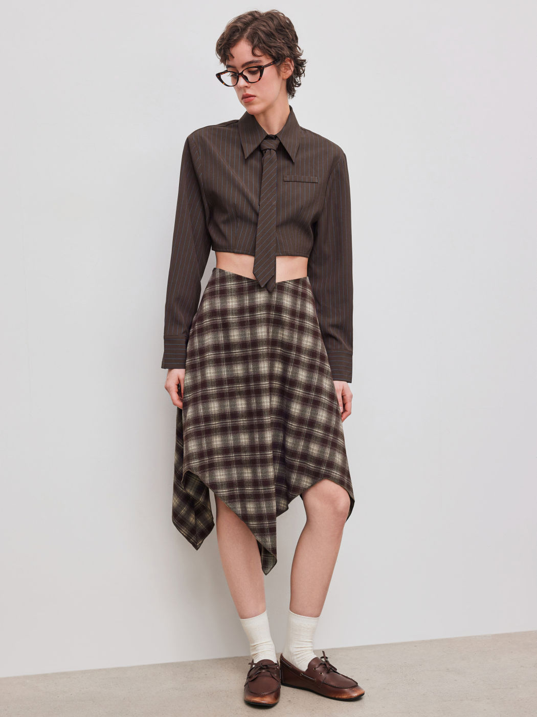 Collar Striped Cropped Long Sleeve Shirt With Tie
