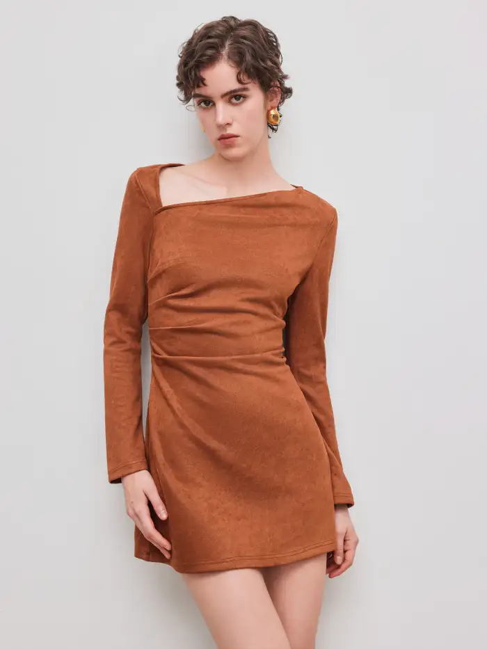 Suede Suede Asymmetrical Neck Ruched Mini Dress For Vacation Suede Suede Asymmetrical Neck Ruched Mini Dress For Vacation