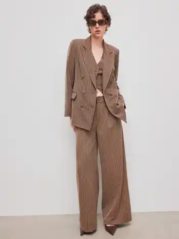 Wool-look Notched Collar Double Breasted Striped Oversized Blazer