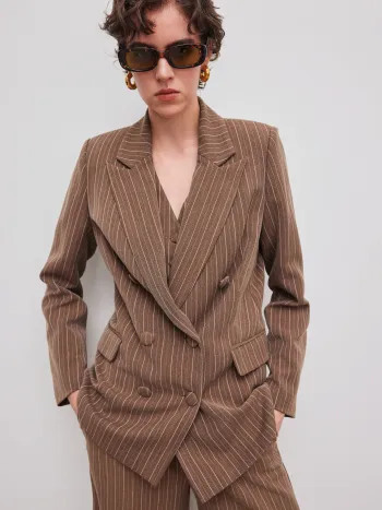 Wool-look Notched Collar Double Breasted Striped Oversized Blazer