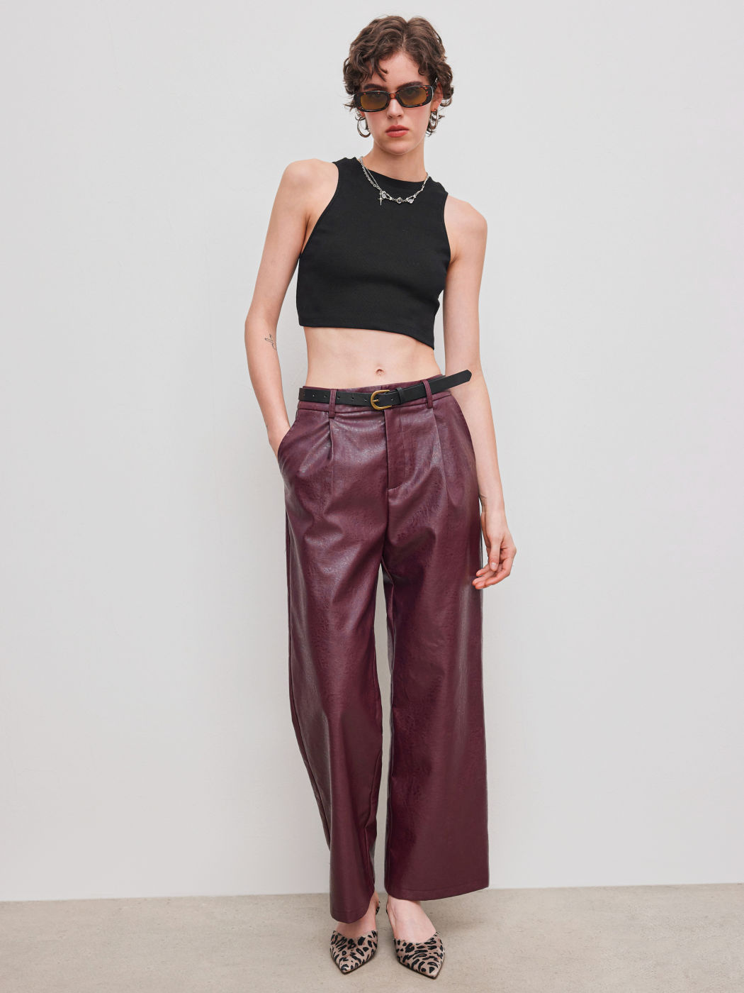 Faux Leather Mid Rise Pleated Wide Leg Trousers With Belt