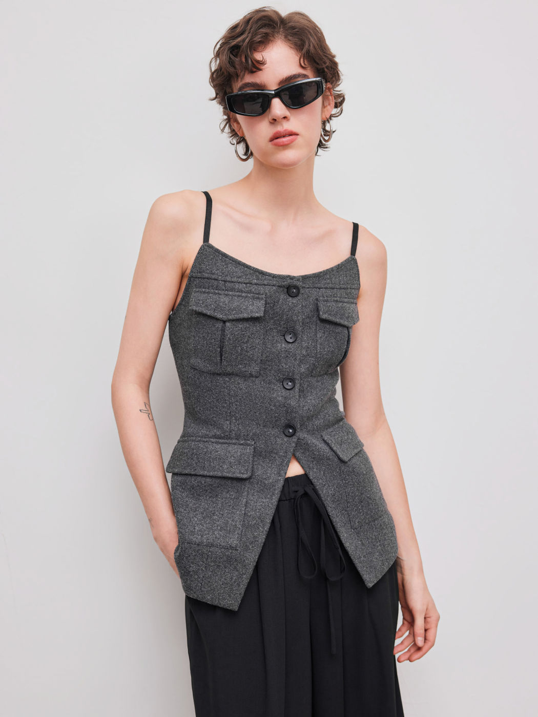 Tweed Scoop Neckline Split Cami Oberteil