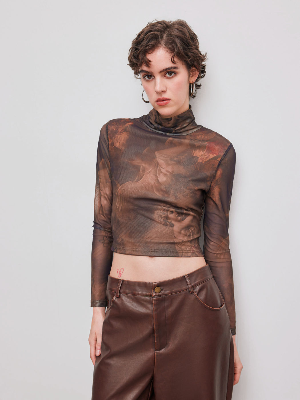Mesh High Neck Figure Long Sleeve Top