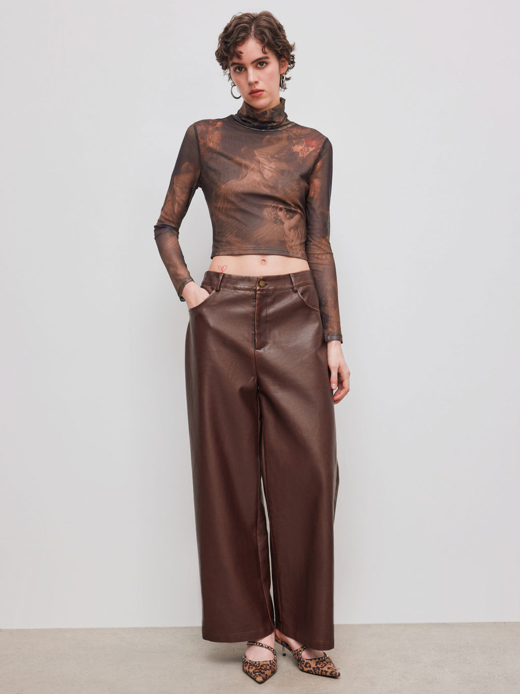Mesh High Neck Figure Long Sleeve Top