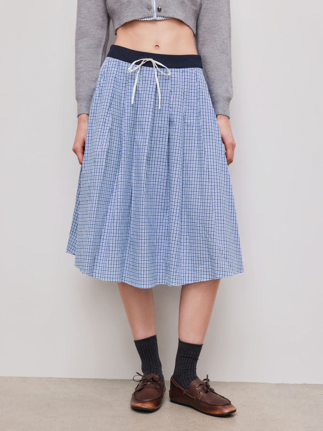 100% Cotton Mid Rise Check Pleated Maxi Skirt