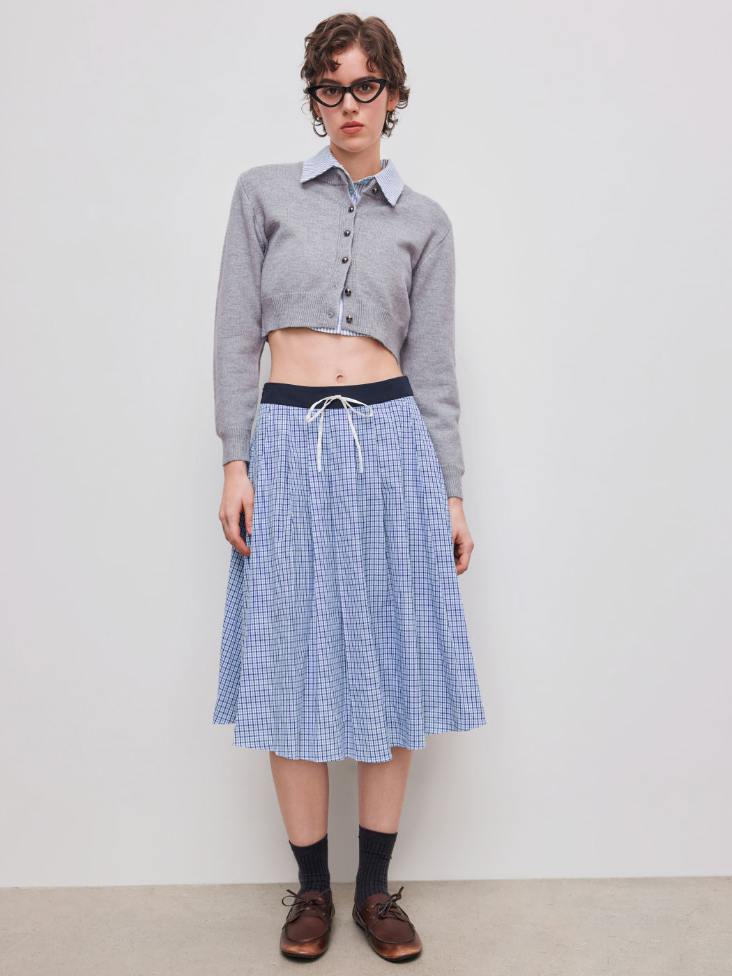 100% Cotton Mid Rise Check Pleated Maxi Skirt