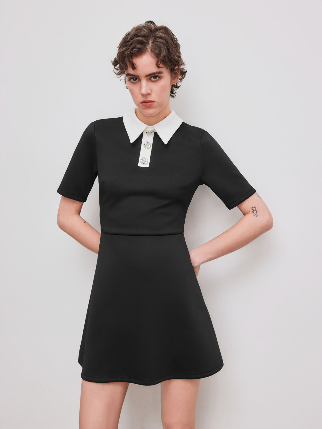 Collar Colorblock Rhinestone Mini Dress