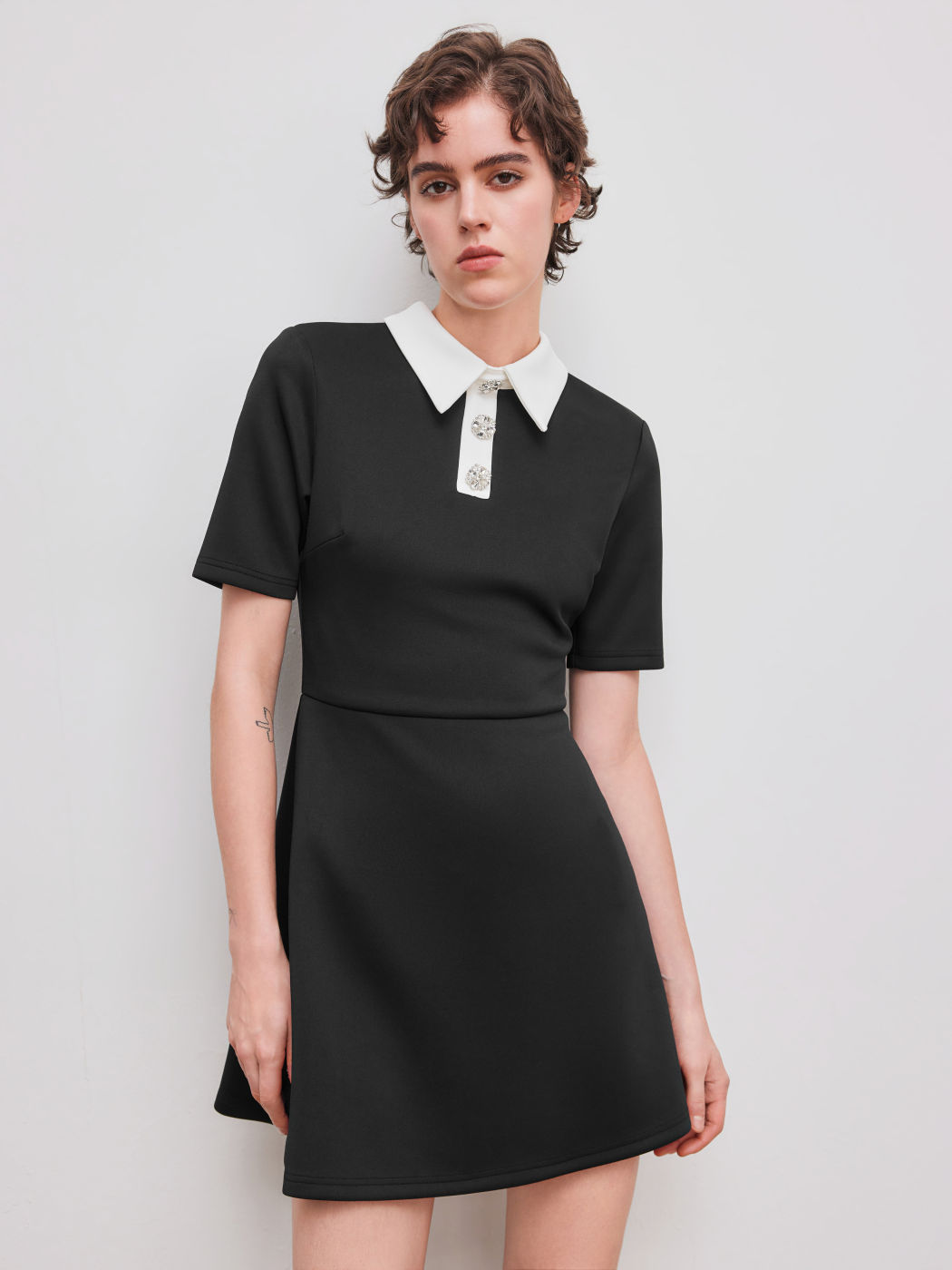 Collar Colorblock Rhinestone Mini Dress