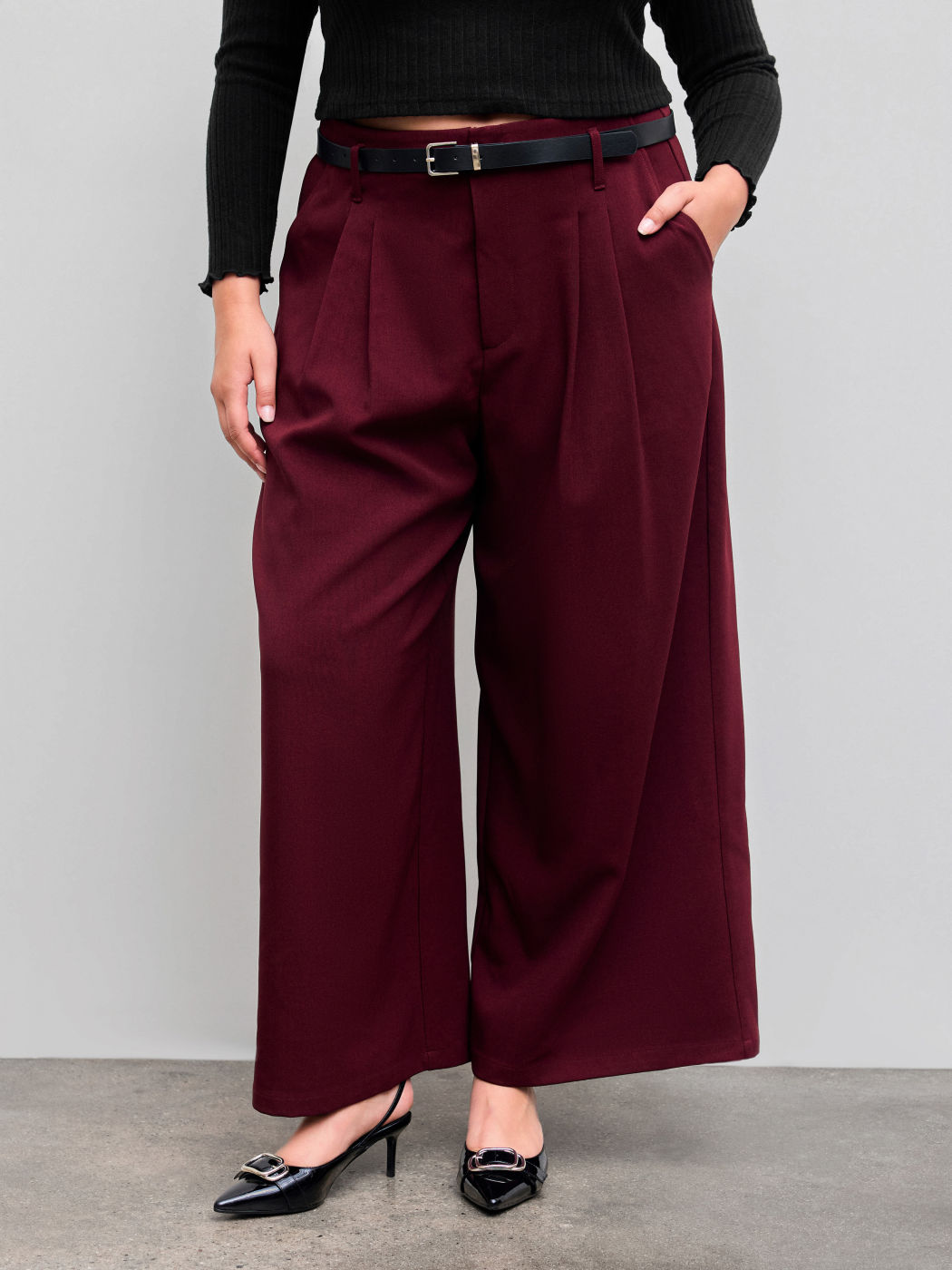Pantaloni a gamba larga solidi a vita media con cintura Curve & Plus
