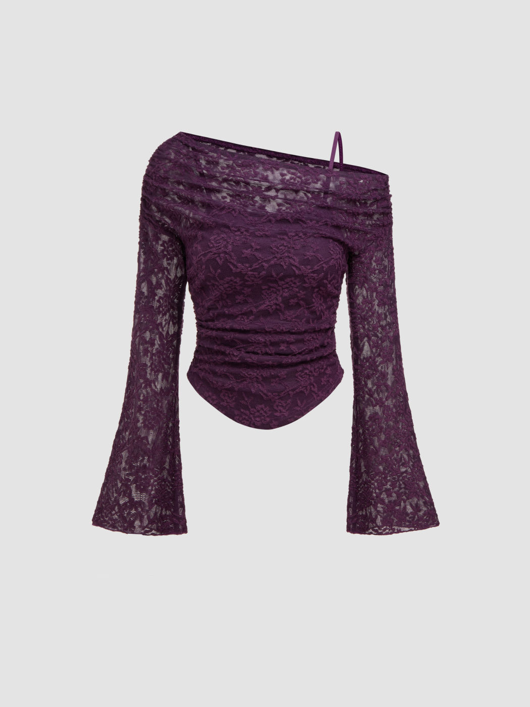 Langärmliges Oberteil mit Spitzen, asymmetrischem Hals und floralem gekrümmtem Saum