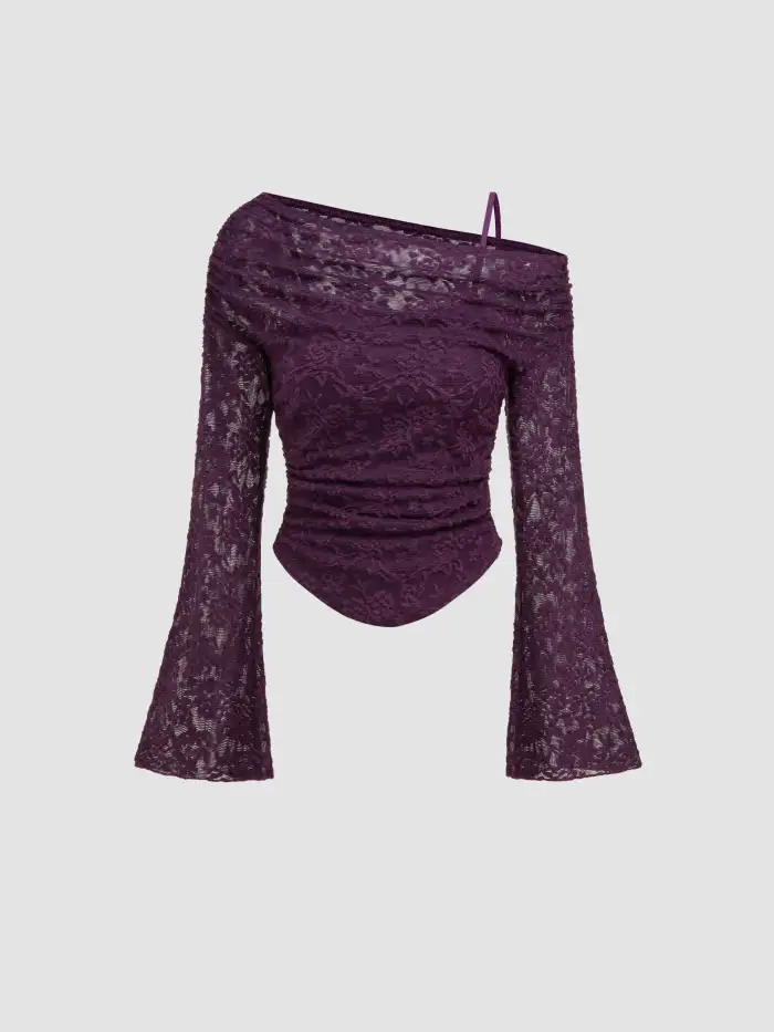 Knit Fabric Asymmetrical Neck Ruched Lettuce Trim Tee For Date