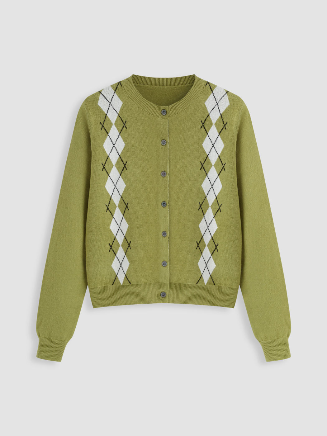 Knit Round Neckline Argyle Pattern Cardigan
