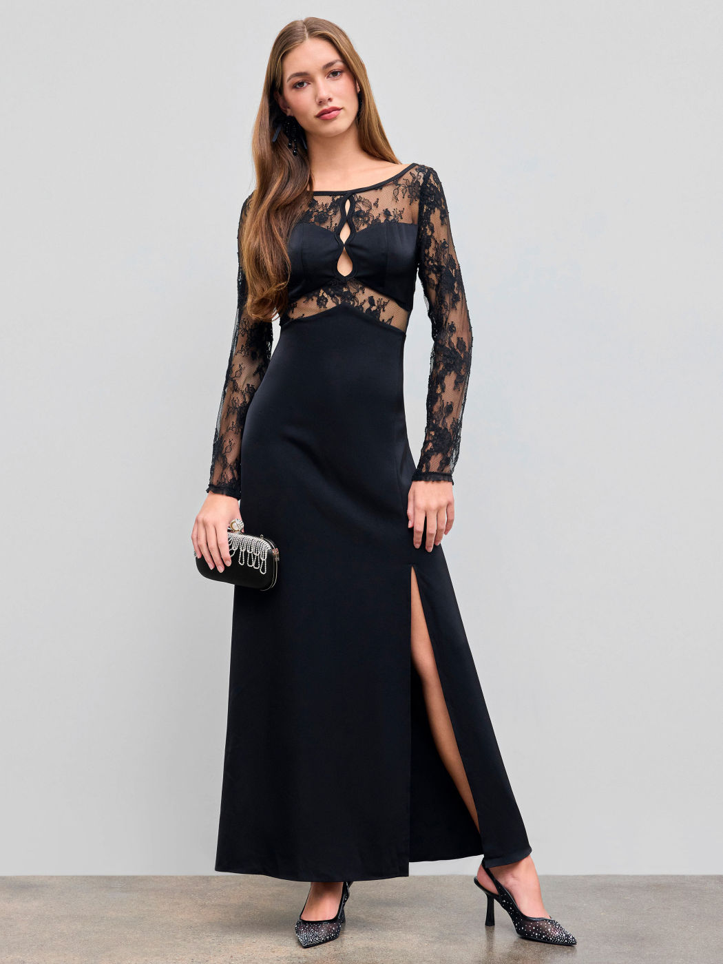 Boat Neck Lace Patched Cut Out Maxi Dress