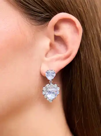 RHINESTONE DECOR DOUBLE HEART DROP EARRINGS