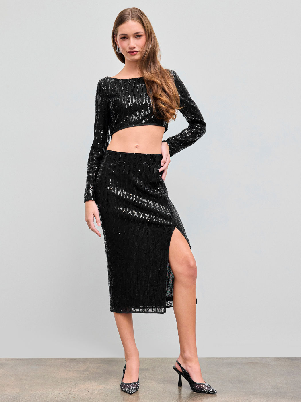 Gonna midi con spacco a metà altezza in paillettes
