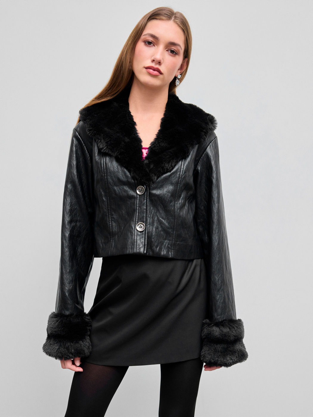 Faux Leather Collar Button Shearling Jacket