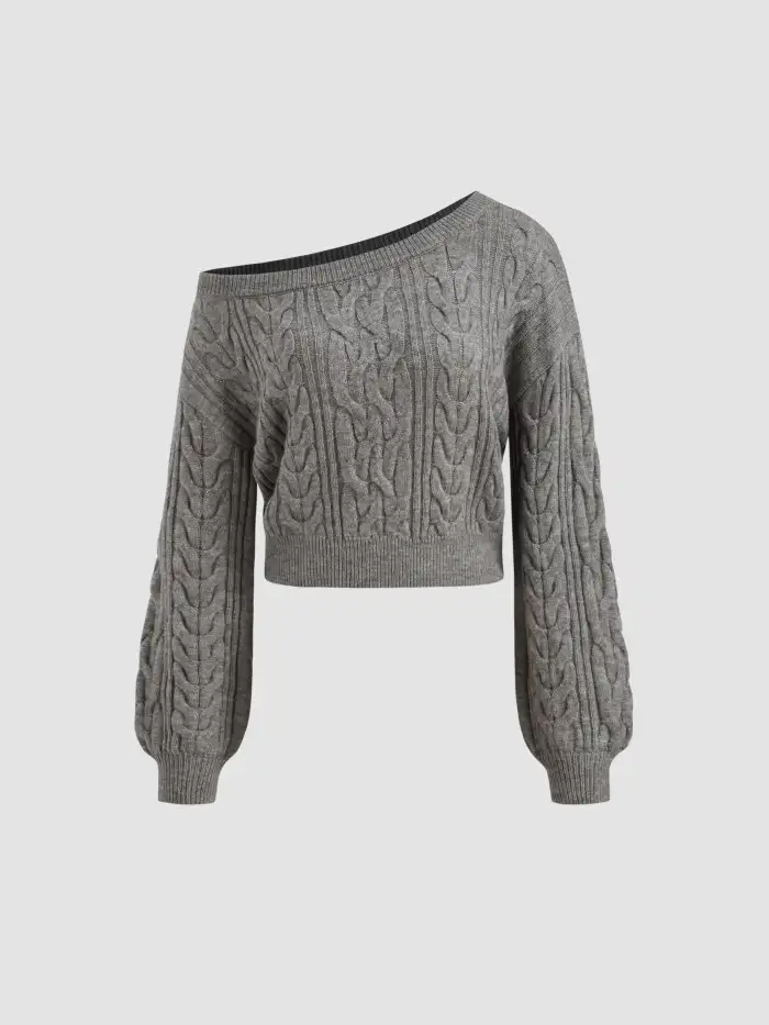 Knit Fabric Cable Knit Off-shoulder Lantern Sleeve Oversized Top For Daily Casual