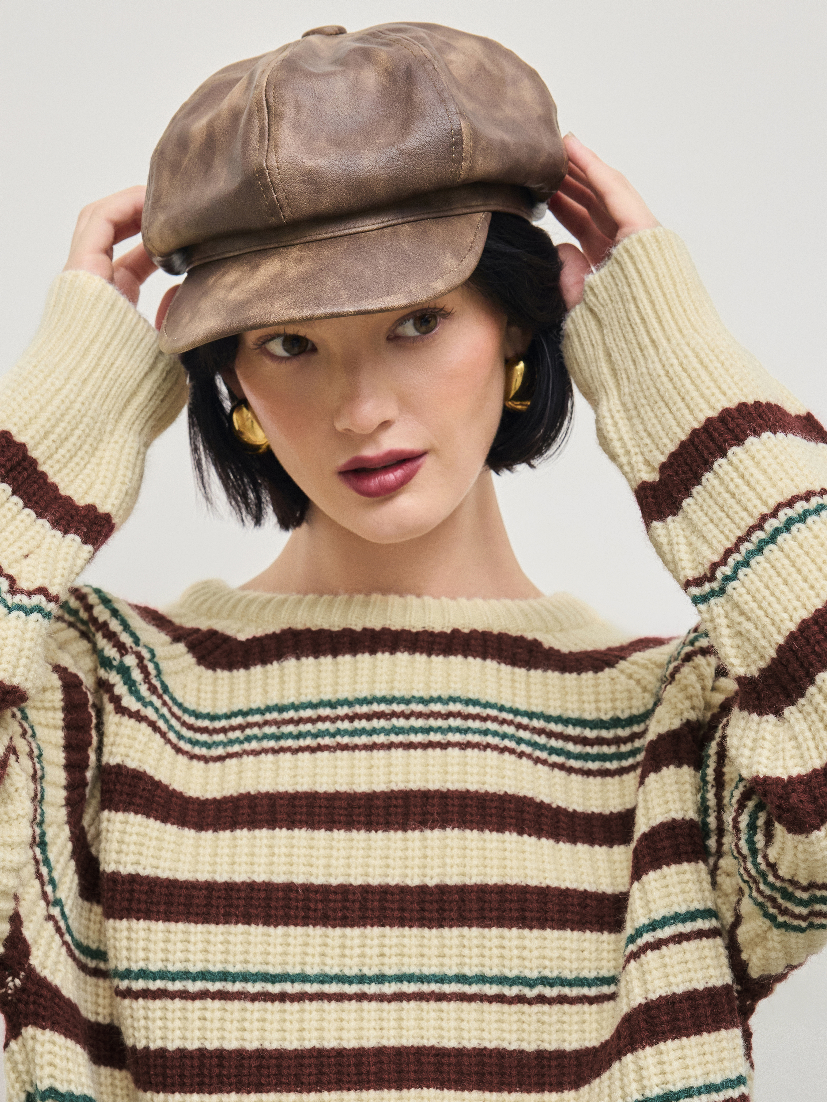 Polyurethane ディストレスド・フェイクレザー・ベレー帽 For デイリー