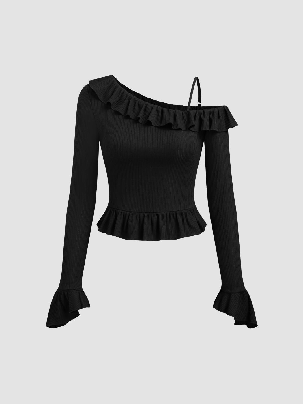 Asymmetrical Neck Ruffle Hem Long Sleeve Top