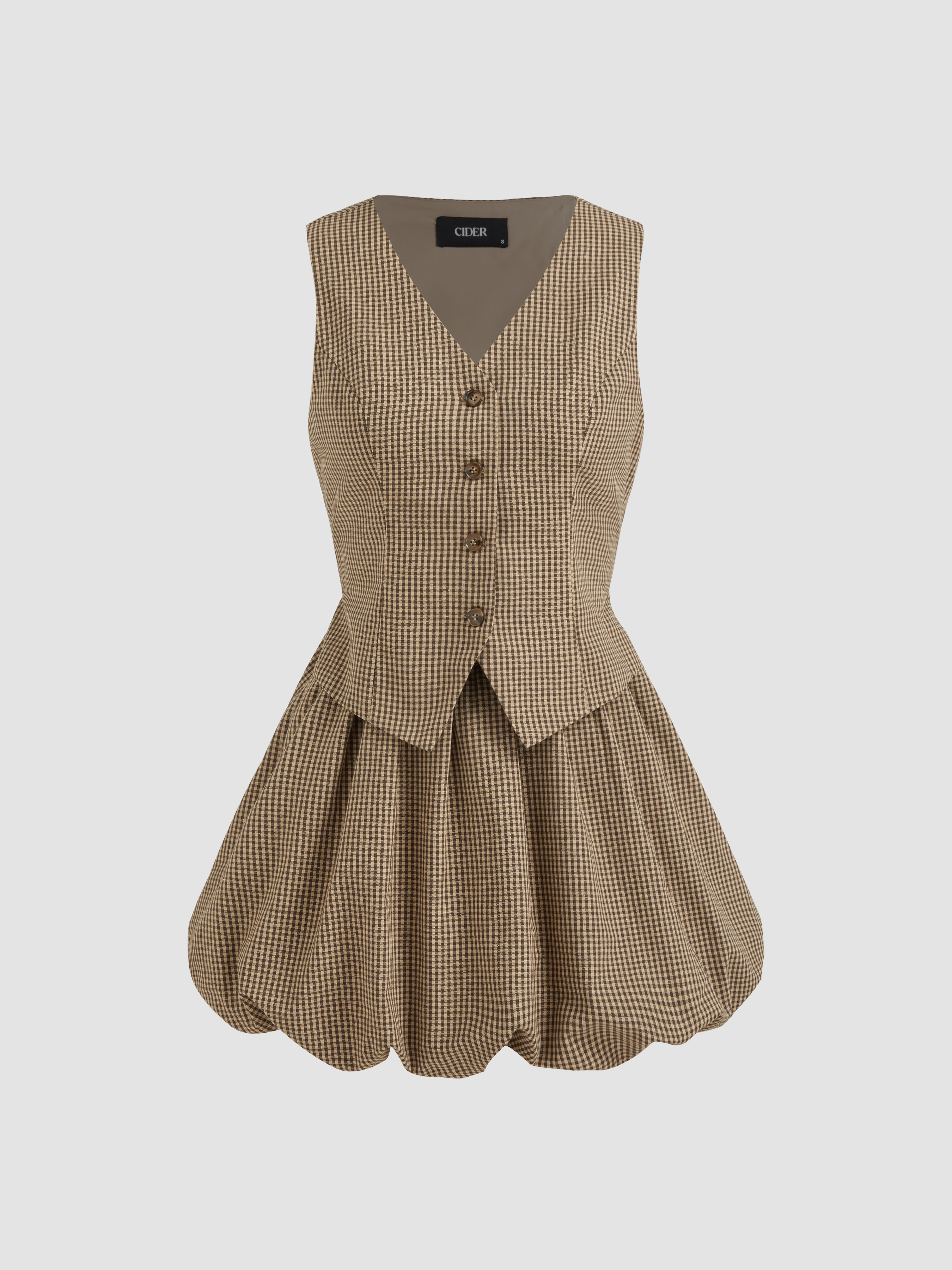 Woven Cotton-blend V-neck Gingham Bubble Hem Mini Dress For