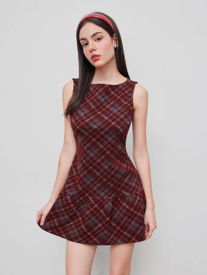 Woven Boat Neck Houndstooth Belted Mini Dress For Daily Casual Date