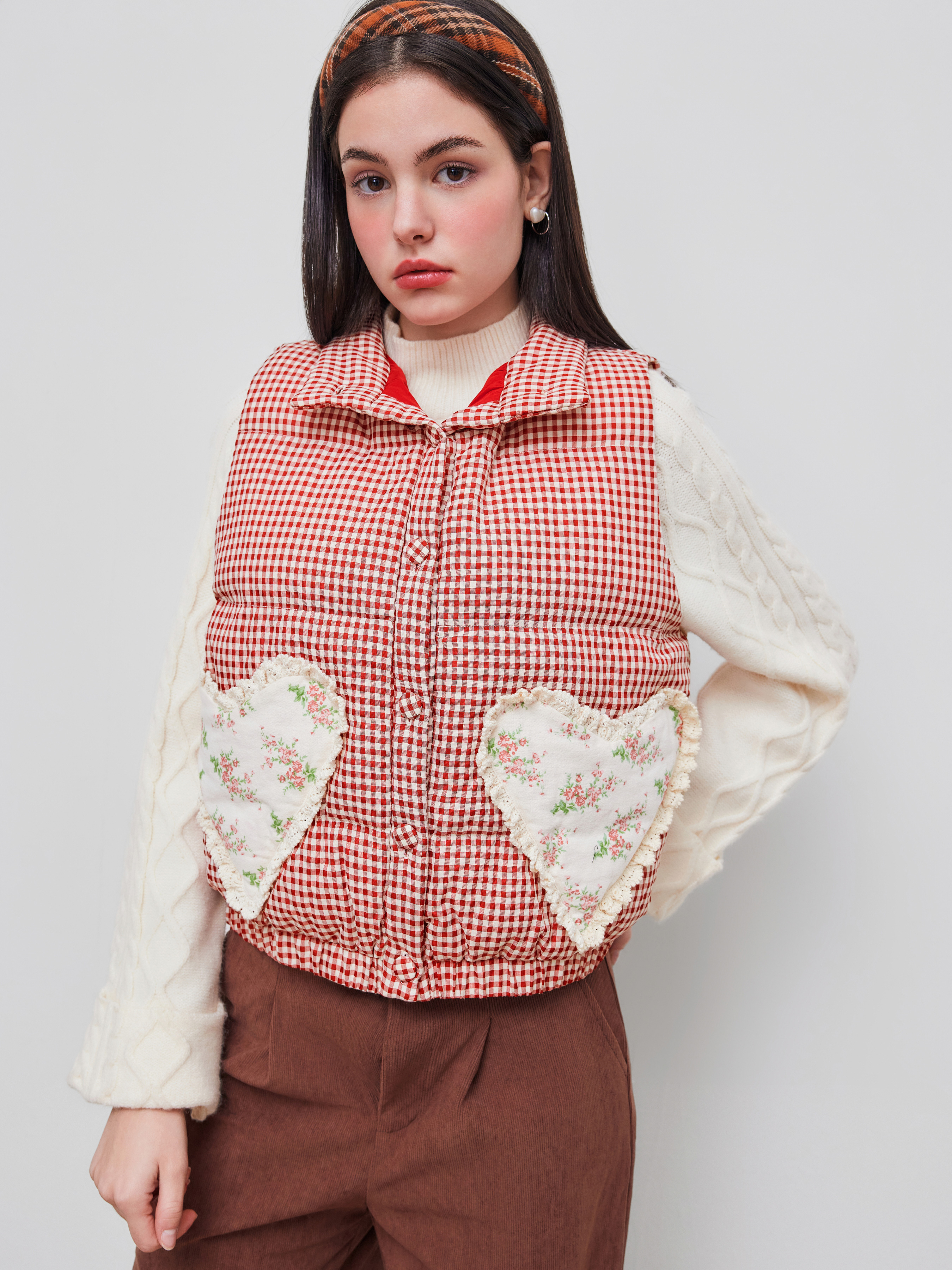 Woven Stand Collar Gingham Floral Heart Oversized Puffer